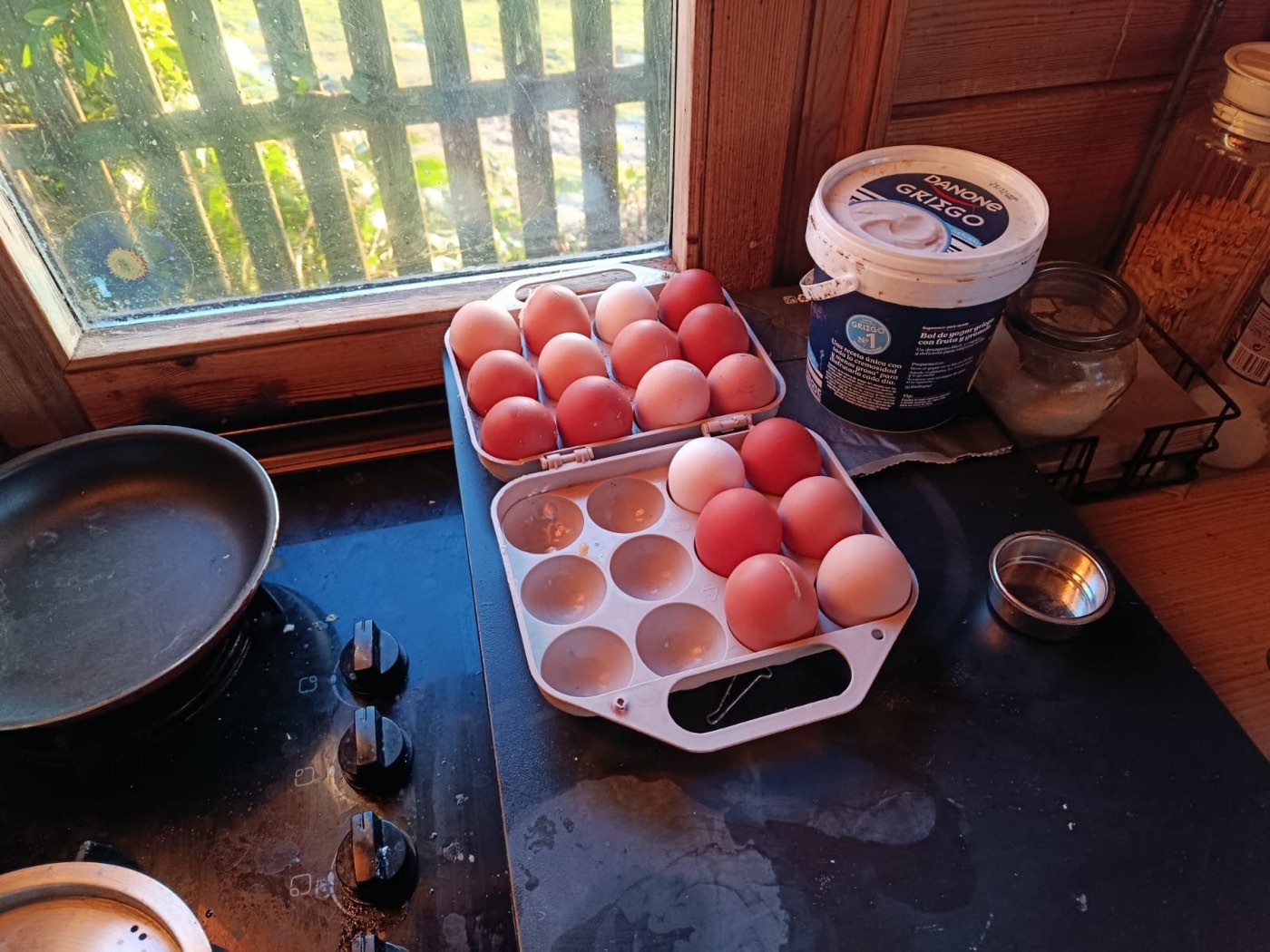 Huevos recién puestos junto a la cocina de leña de The Forge